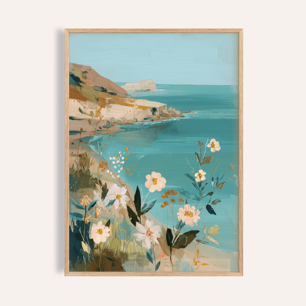 Floral Coast Print with Brown, Blue, and Beige for living room wall art