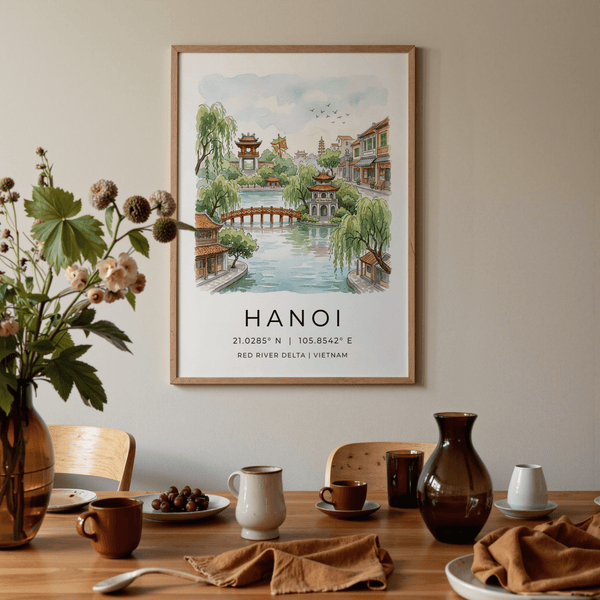 Wide-view Hanoi Landscape Wall Art featuring bridge, pagodas, and lake