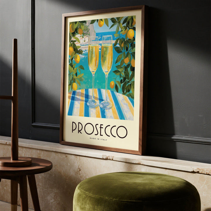 Vintage Italian Poster with champagne flutes and ocean background
