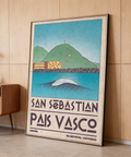 Close up on Pais Vasco Print San Sebastian lettering over minimalist seaside illustration