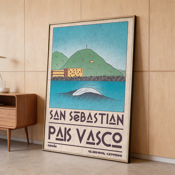 Close up on Pais Vasco Print San Sebastian lettering over minimalist seaside illustration