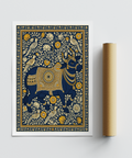 Detailed botanical bull print in rich blue yellow orange gold palette
