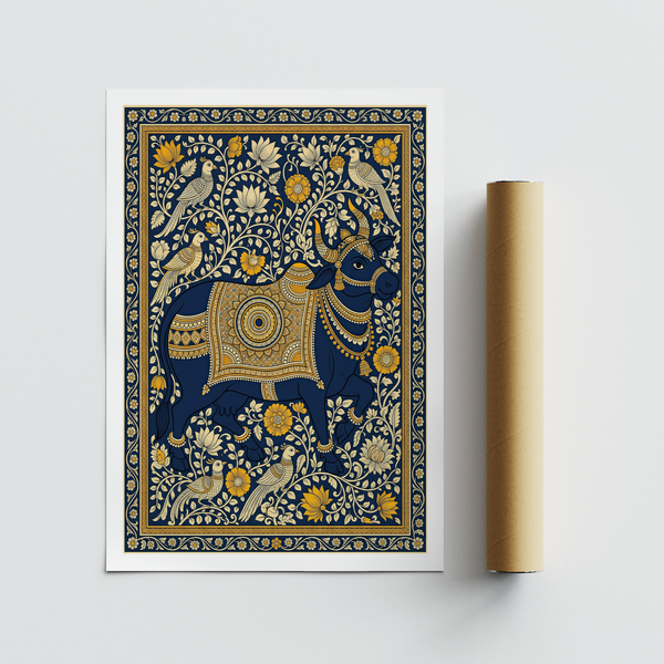 Detailed botanical bull print in rich blue yellow orange gold palette