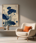 Japanese Poppy Wall Art, art print in blue and white for minimal modern room