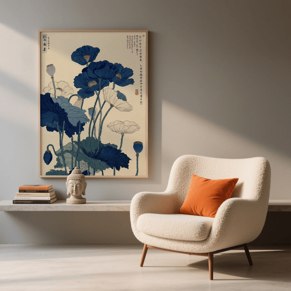 Japanese Poppy Wall Art, art print in blue and white for minimal modern room