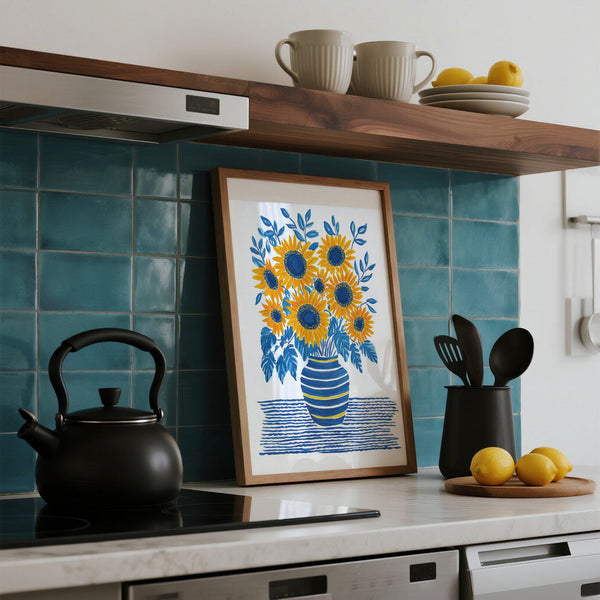 Contemporary Sunflower Print featuring a bouquet in a striped jug with botanical leaves.