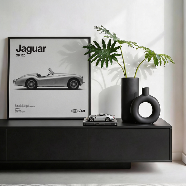 Jaguar XK120 Art Print for entryway, featuring Black and White tones, poster