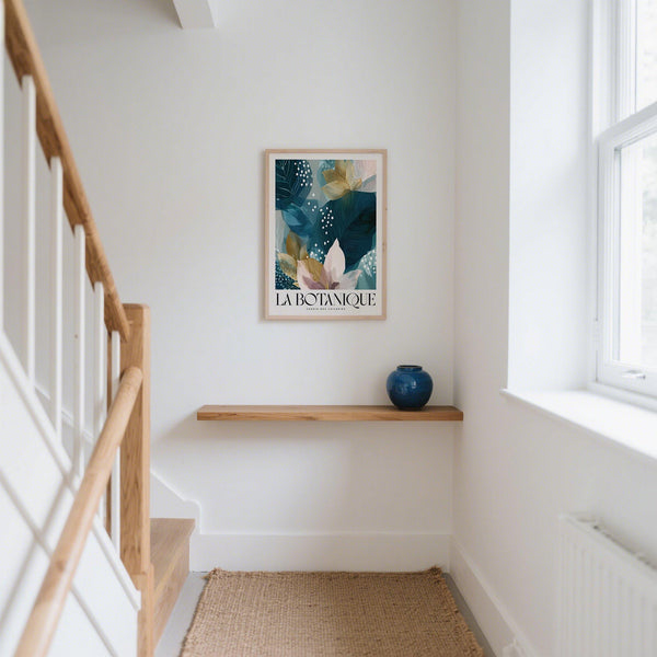 Botanical artwork wall print with golden petals and blue foliage