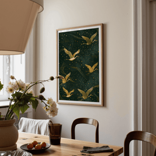 Highlighting Golden Crane Wall Art wall art with repeating cranes and starry dot motif