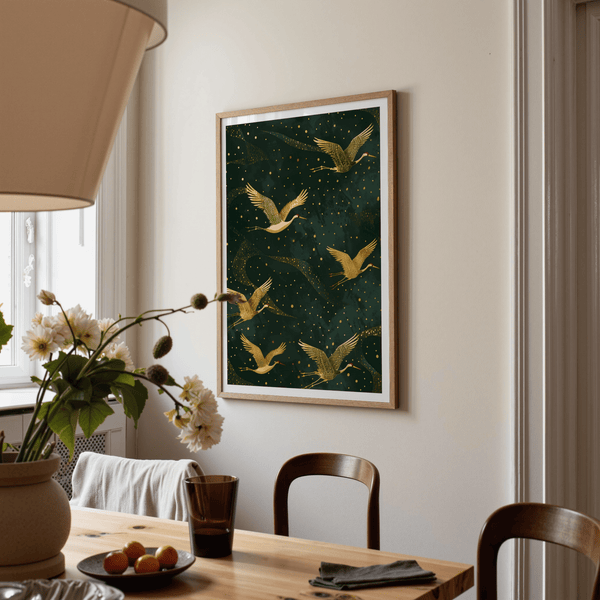 Highlighting Golden Crane Wall Art wall art with repeating cranes and starry dot motif