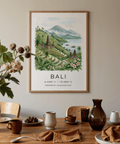 Room setting with Bali Landscape Art Print beside woven rattan chair