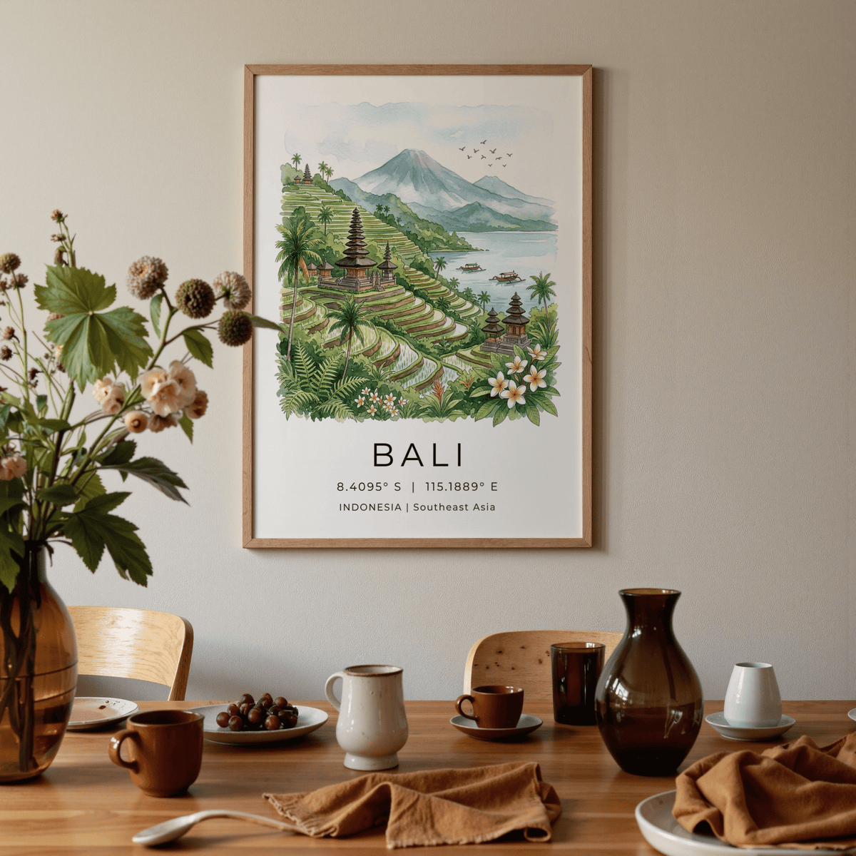 Room setting with Bali Landscape Art Print beside woven rattan chair
