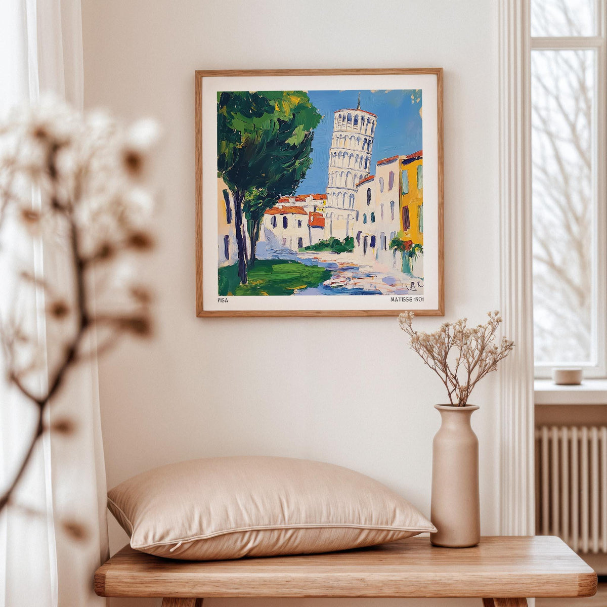 Painterly version of the Leaning Tower surrounded by trees and rooftops.