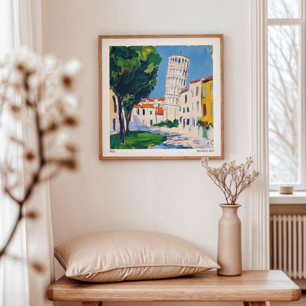 Painterly version of the Leaning Tower surrounded by trees and rooftops.