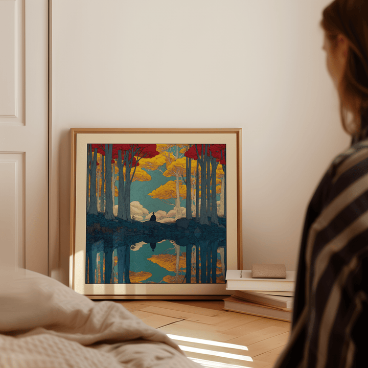 Hasui Kawase Serene Nature wall art leaning on a floor with a book beside it in soft natural light