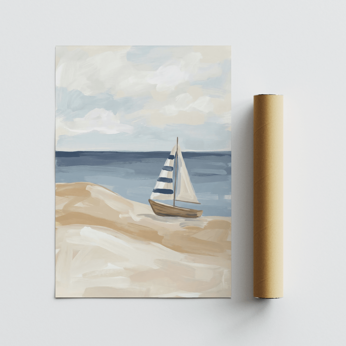Beach Sailboat Wall Art poster in beige and white for hallway wall art