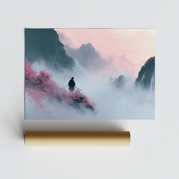 Samurai Mountain Wall Art print with pink blossoms for meditation room