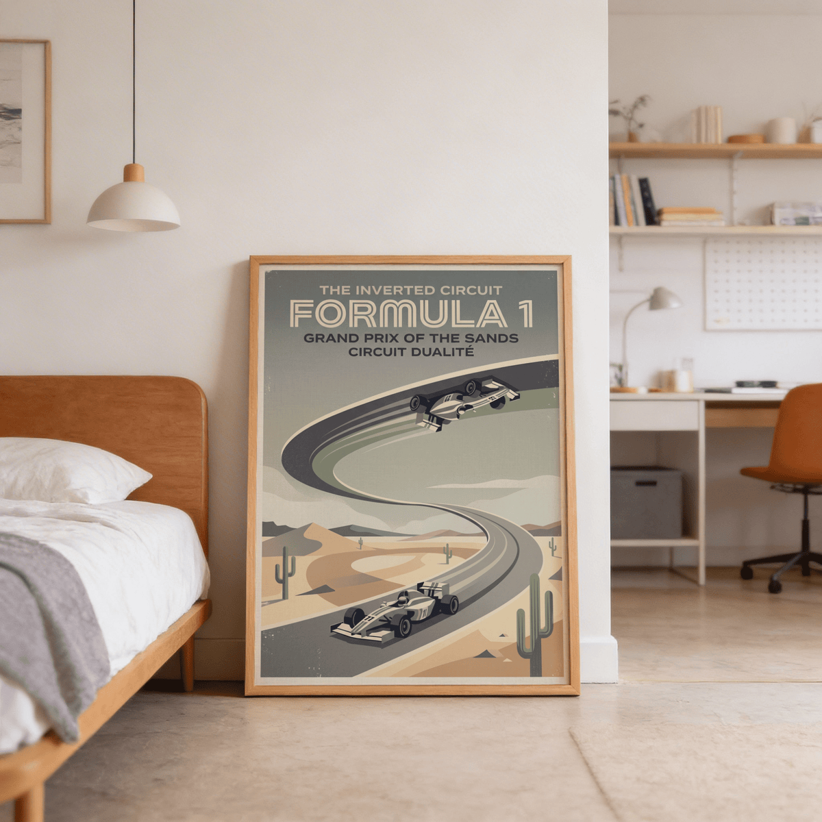 Illustrated Formula 1 racing poster showing an inverted circuit, desert hills, and two cars in a graphic layout