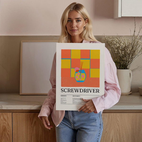 Playful Screwdriver drink art with bold geometric layout for kitchen display.