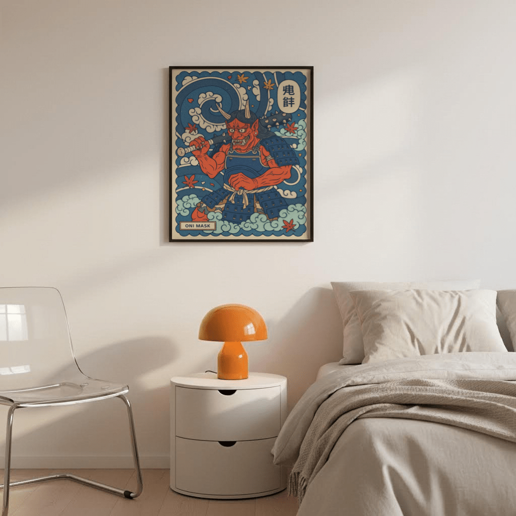 Lower section wall art poster with swirling clouds, maple leaves, and the label Oni Mask