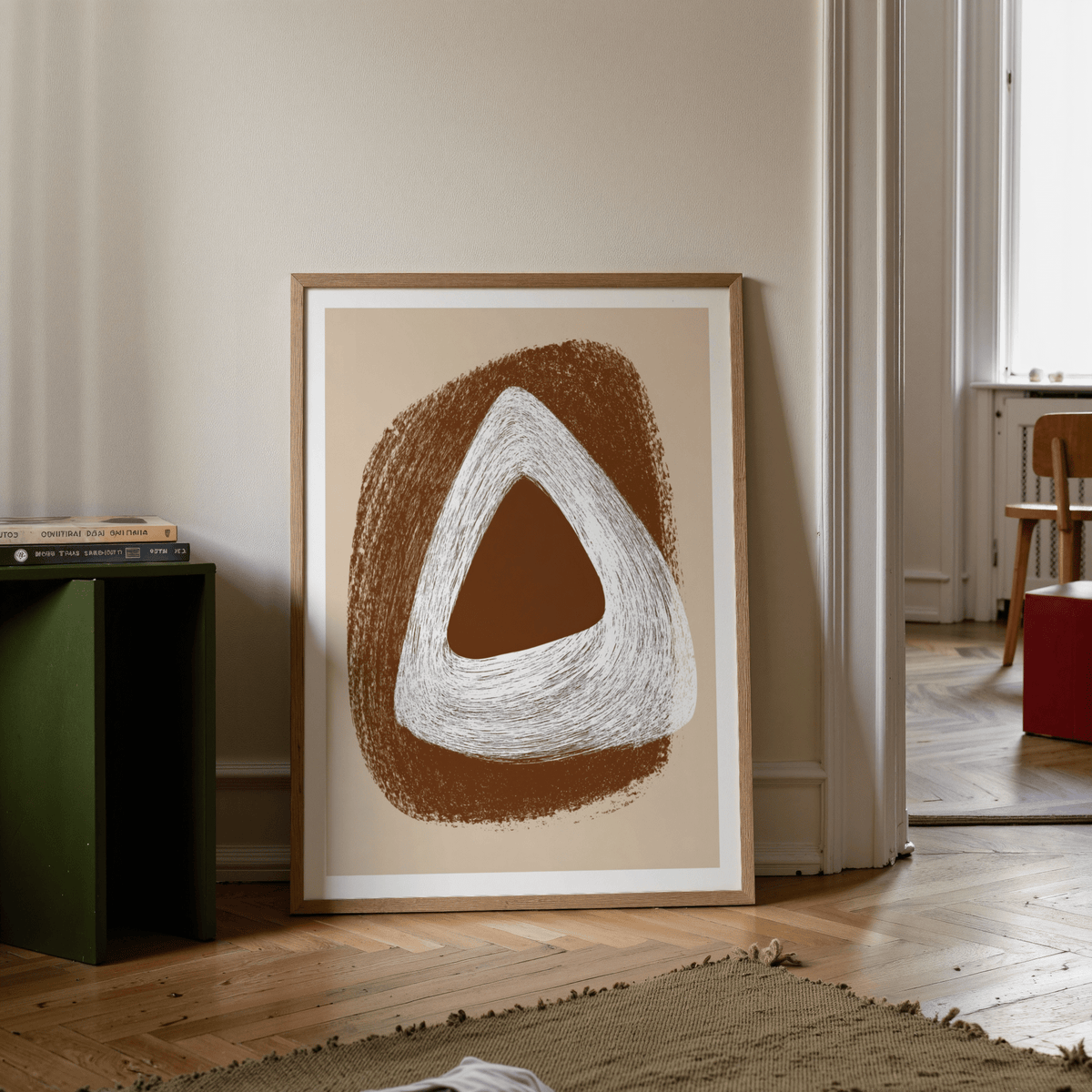 Living room setting featuring a framed Boho Geometric Art Print above a console