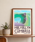 Graphic travel poster print of Helvellyn ridge with winding path and layered hills