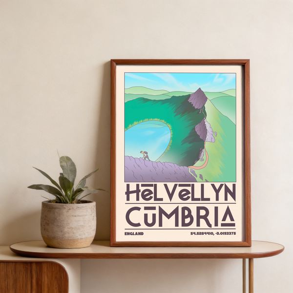 Graphic travel poster print of Helvellyn ridge with winding path and layered hills