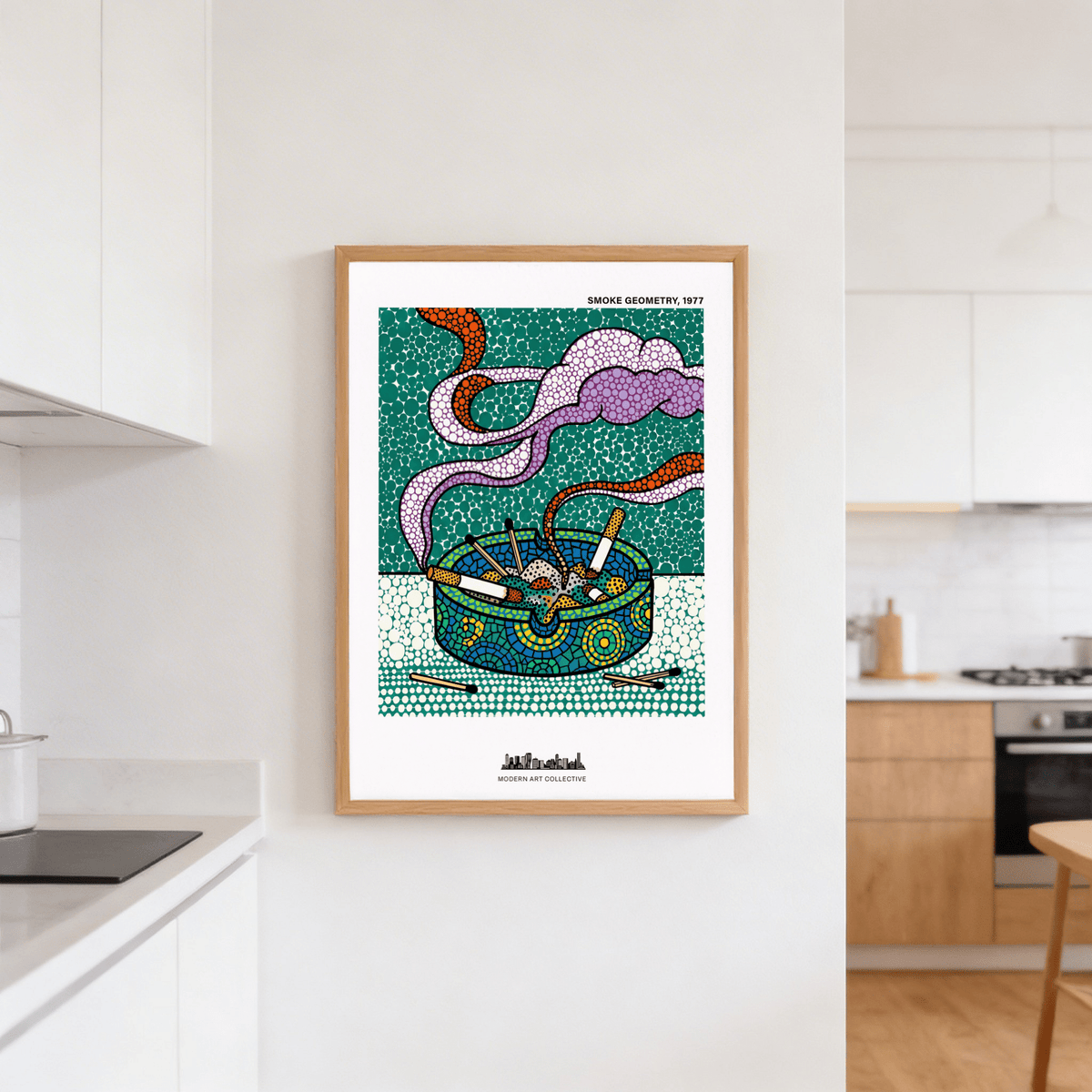Decorative poster print with central ashtray motif, scattered matches, and layered geometric texture