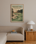 Highlighting Pinehurst North Carolina golf poster print with sand bunkers, scrub plants, and green contours
