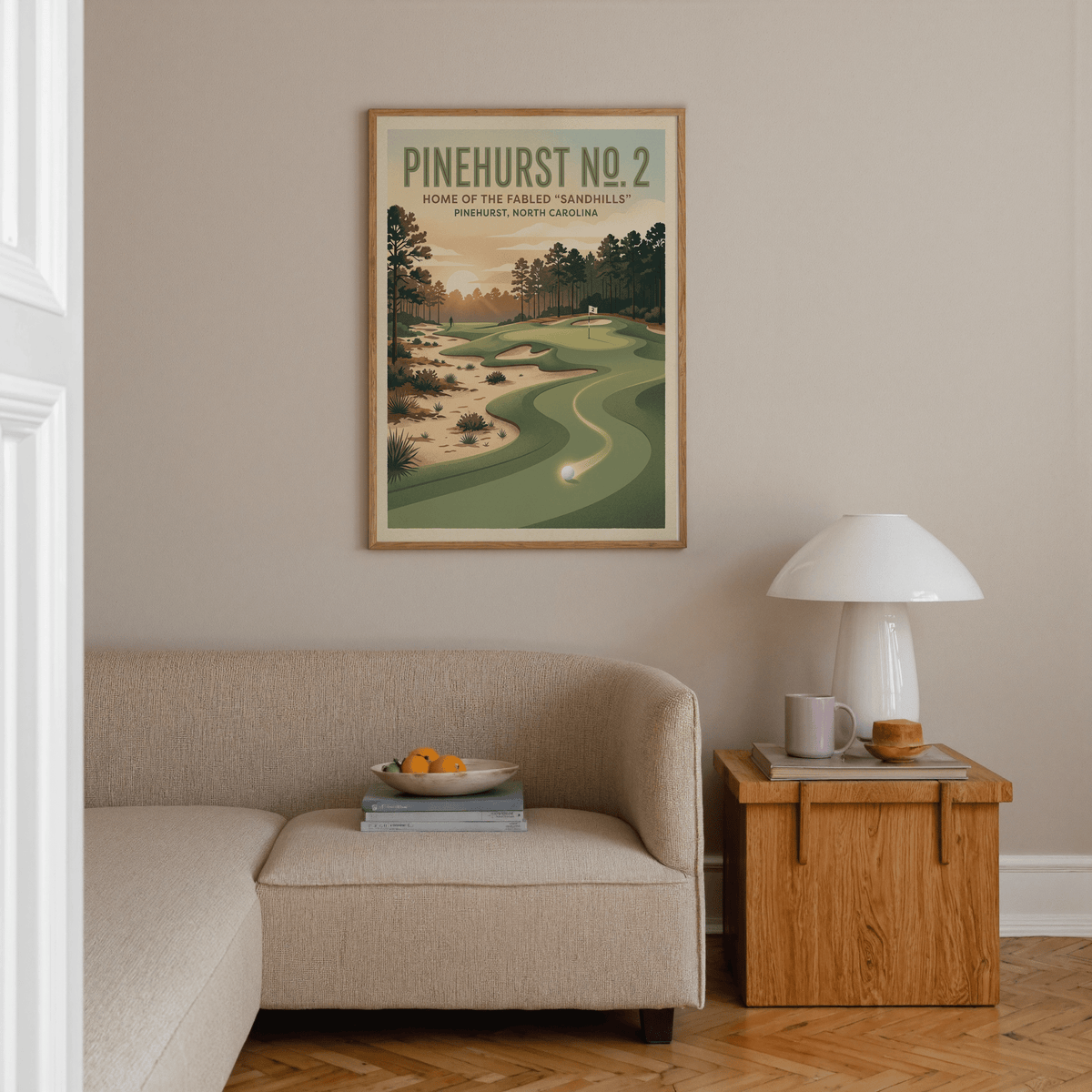 Highlighting Pinehurst North Carolina golf poster print with sand bunkers, scrub plants, and green contours