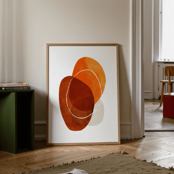 Orange Boho Art Print showing layered oval forms and a white ring line