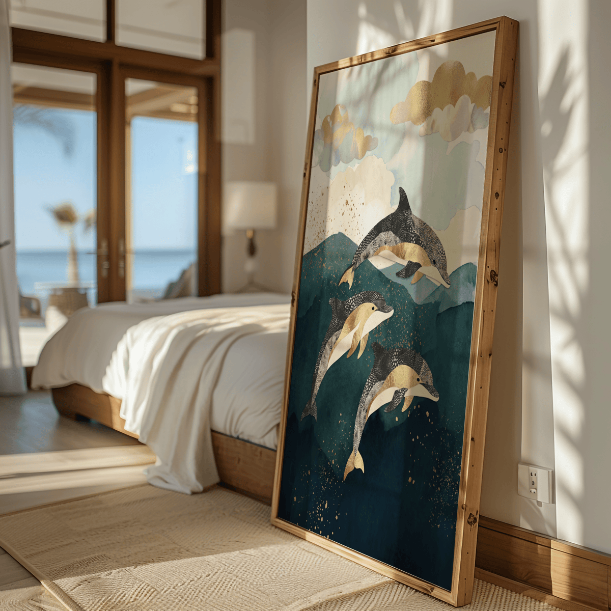 Artistic Dolphins Poster blue gold colors for kids’ room print