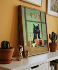 Ramen Cat Art with bold Black lines and Green details for hallway display
