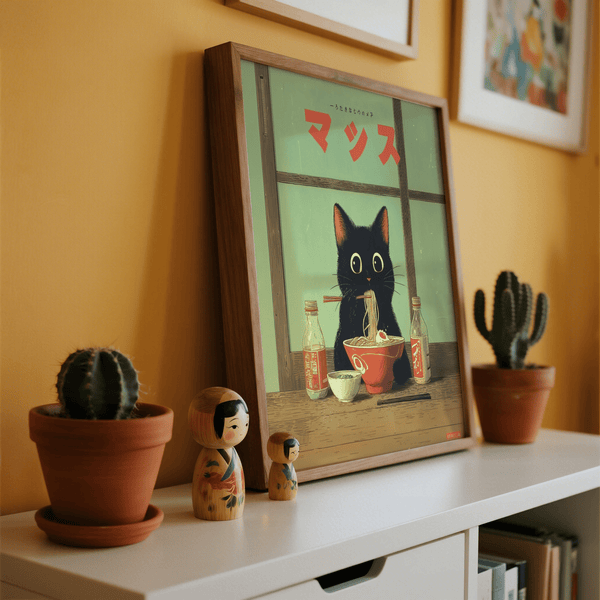 Ramen Cat Art with bold Black lines and Green details for hallway display