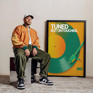 Green and yellow vinyl record art print for modern interiors.