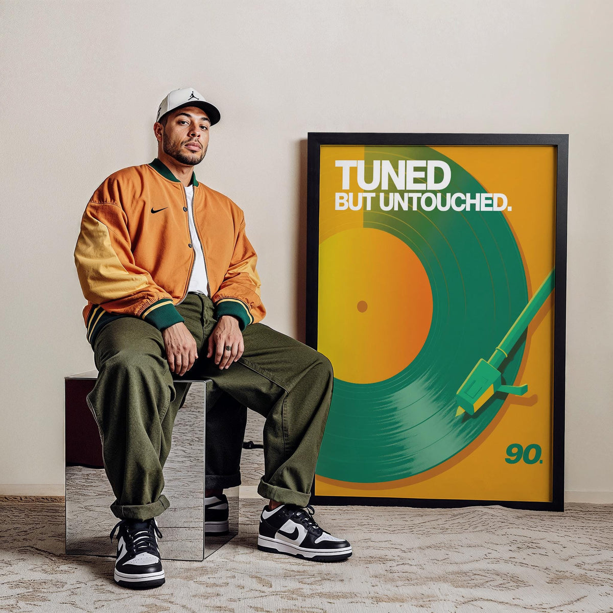 Green and yellow vinyl record art print for modern interiors.