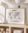 Childs World Map poster for classroom, Multicolored, Gray, White, animal illustrations