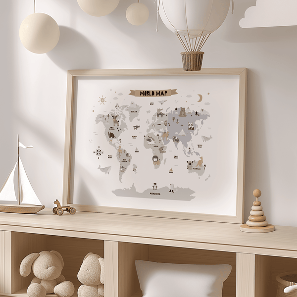 Childs World Map poster for classroom, Multicolored, Gray, White, animal illustrations