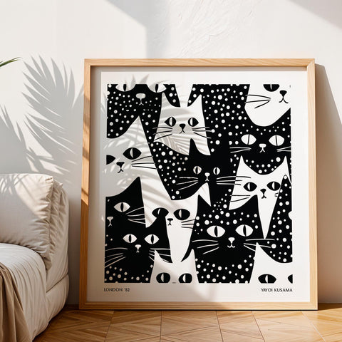 Abstract feline wall art in monochrome tones.