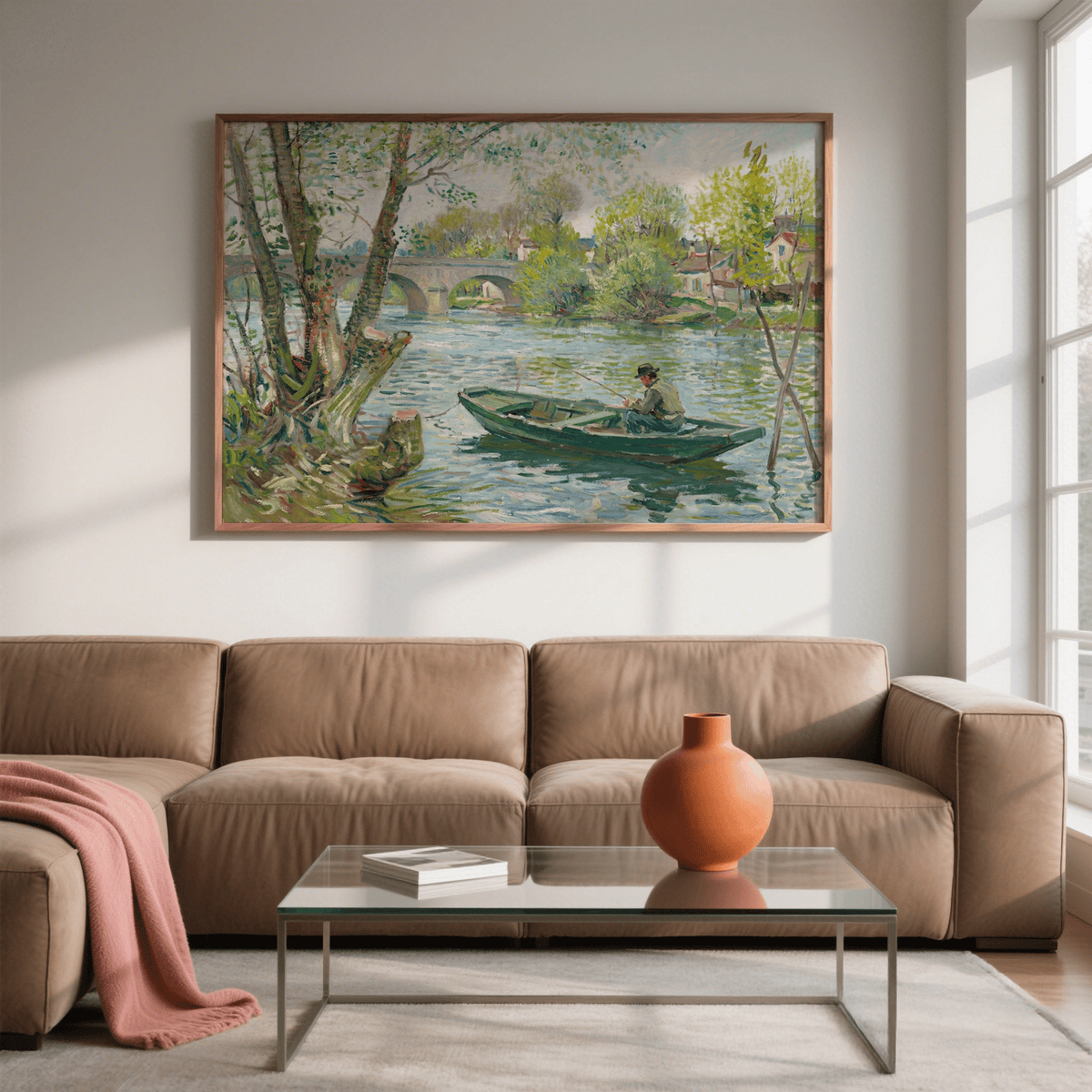 Fishing Boat Art Print, tranquil Green and Blue for bedroom wall art