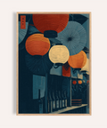 Clustered lantern and umbrella wall art poster above bottles