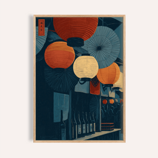 Clustered lantern and umbrella wall art poster above bottles