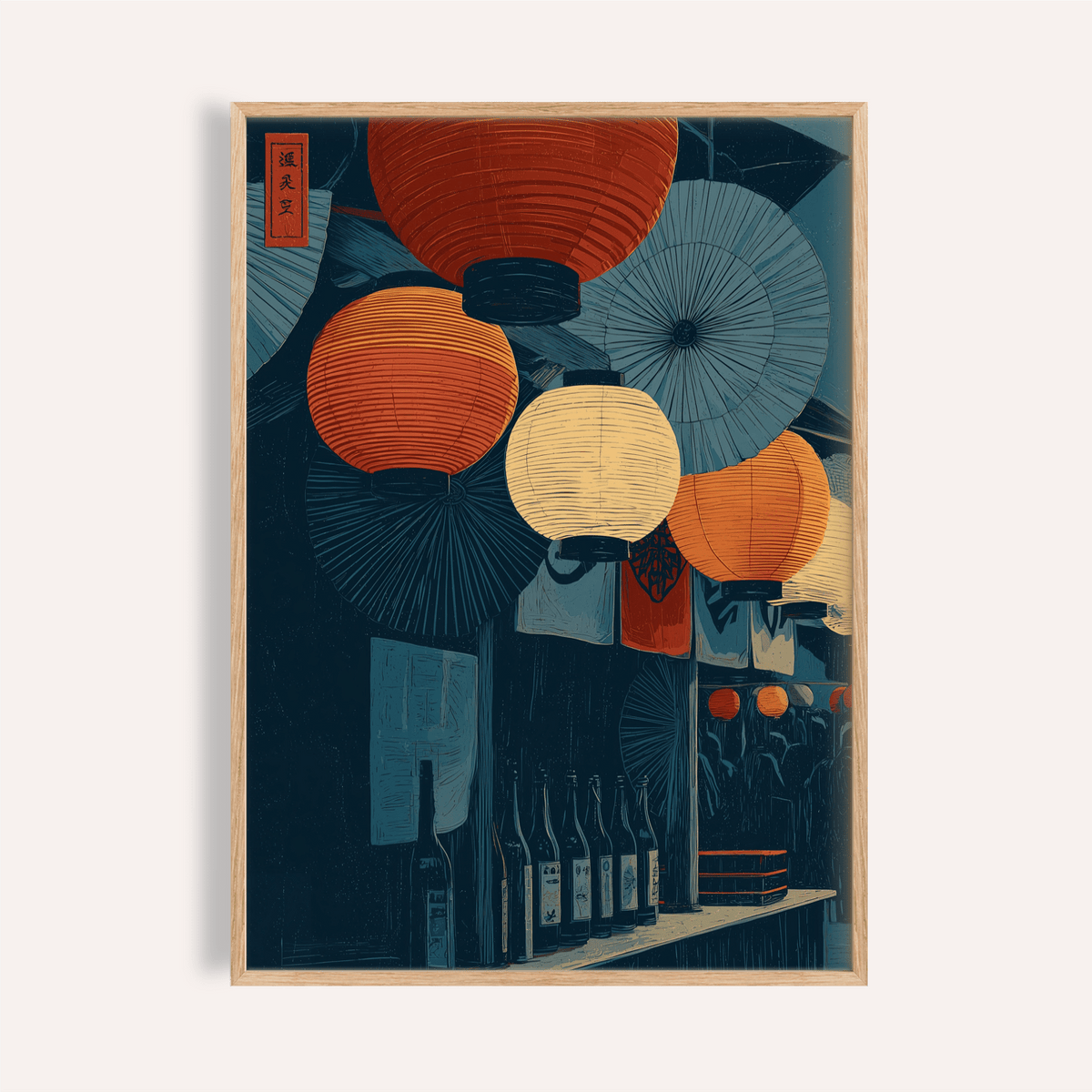 Clustered lantern and umbrella wall art poster above bottles