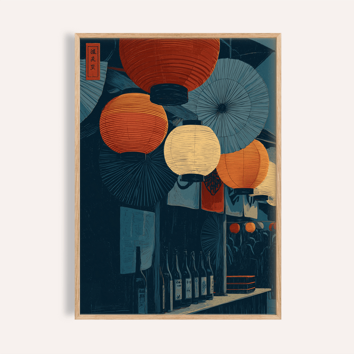 Clustered lantern and umbrella wall art poster above bottles