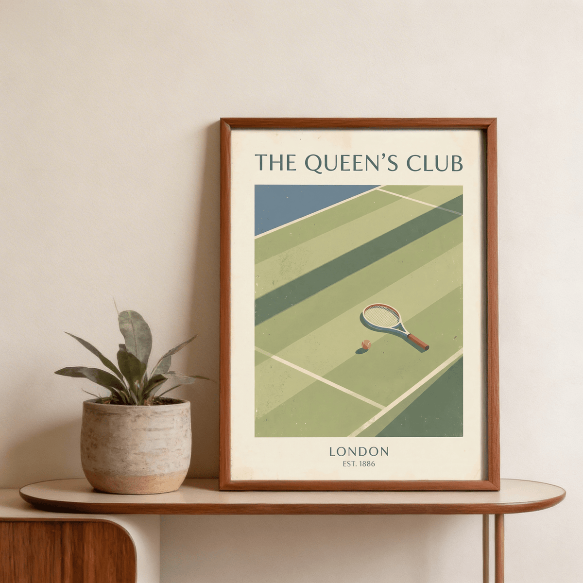 Retro sports Tennis Wall Art print featuring THE QUEEN’S CLUB header and London text
