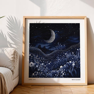 Deep blue Kusama-inspired art with the moon over dotted hills
