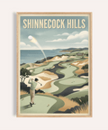 Featuring Shinnecock Hills Golf Art Print poster with golfer swing, ball arc, and coastal fairway
