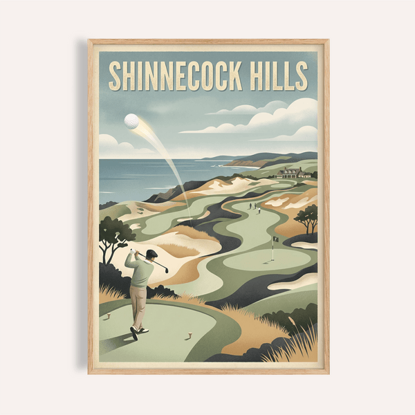 Featuring Shinnecock Hills Golf Art Print poster with golfer swing, ball arc, and coastal fairway