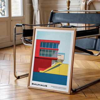 A geometric architectural piece in primary colors, perfect for mid century modern art prints.