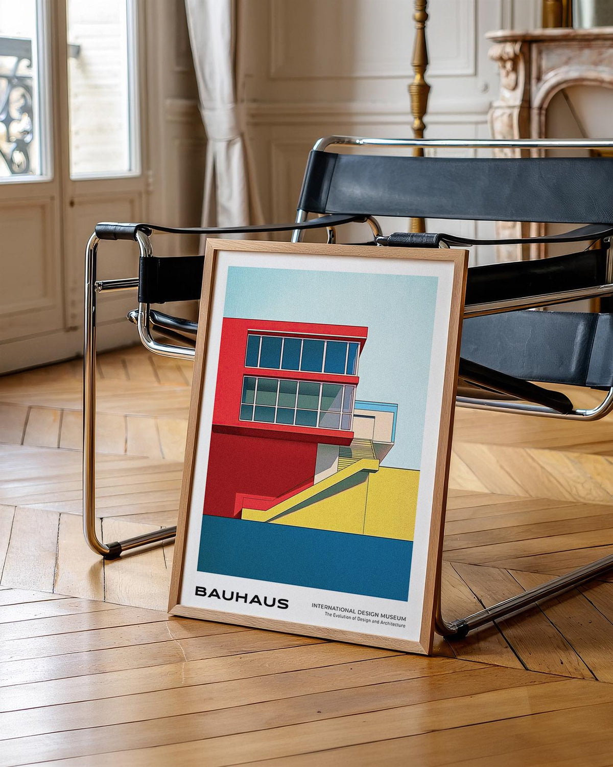 A geometric architectural piece in primary colors, perfect for mid century modern art prints.